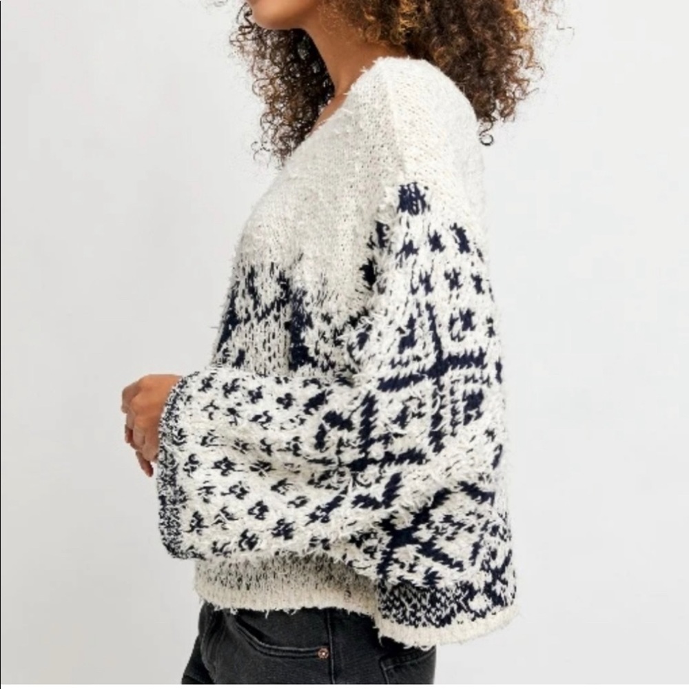 Free People Cream and Navy Patterned Cozy Knit Sweater